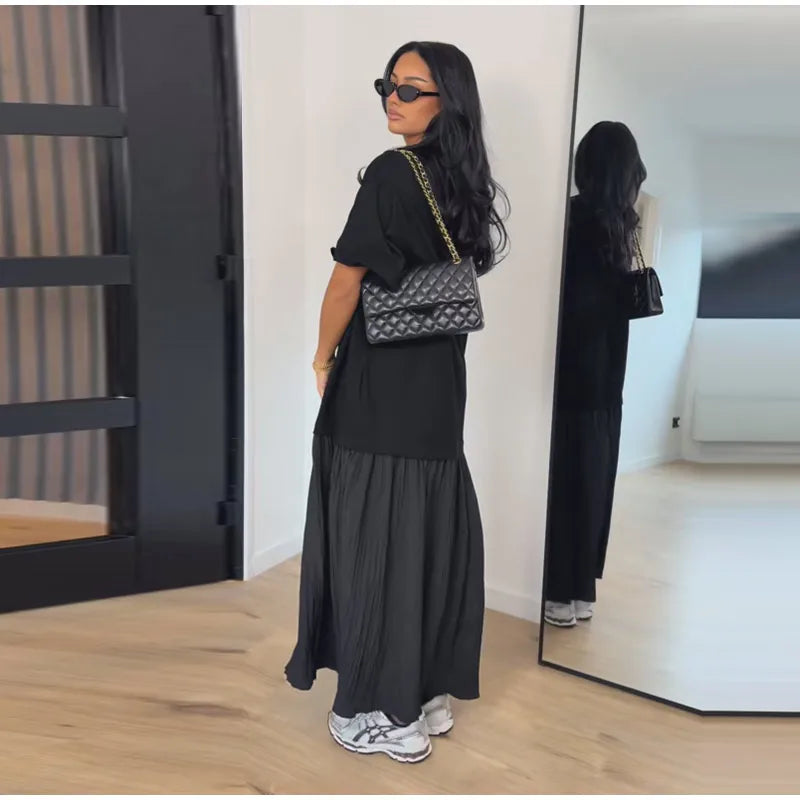 Solid Color Loose Fit Flare Sleeve Tiered Dress Crew Neck Ruffle Hem Pleated Long Maxi Dresses 2026 Spring Chic Casual Outwear