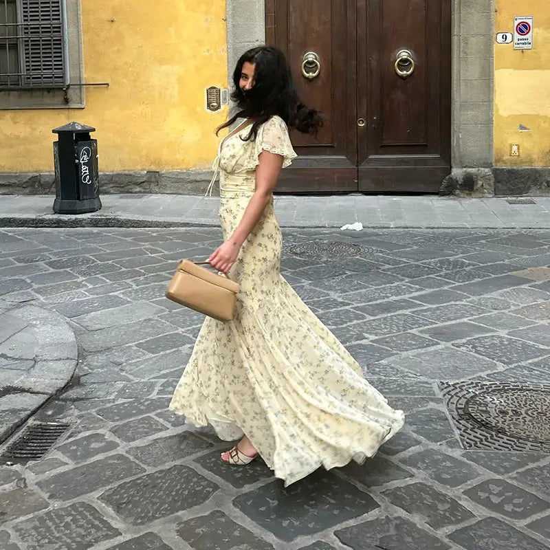 Elegant Sexy Print Fish Dress Women V Neck Short Sleeves High Waist Ruffles Split Vestidos Female 2026 Summer New Chic Dresses