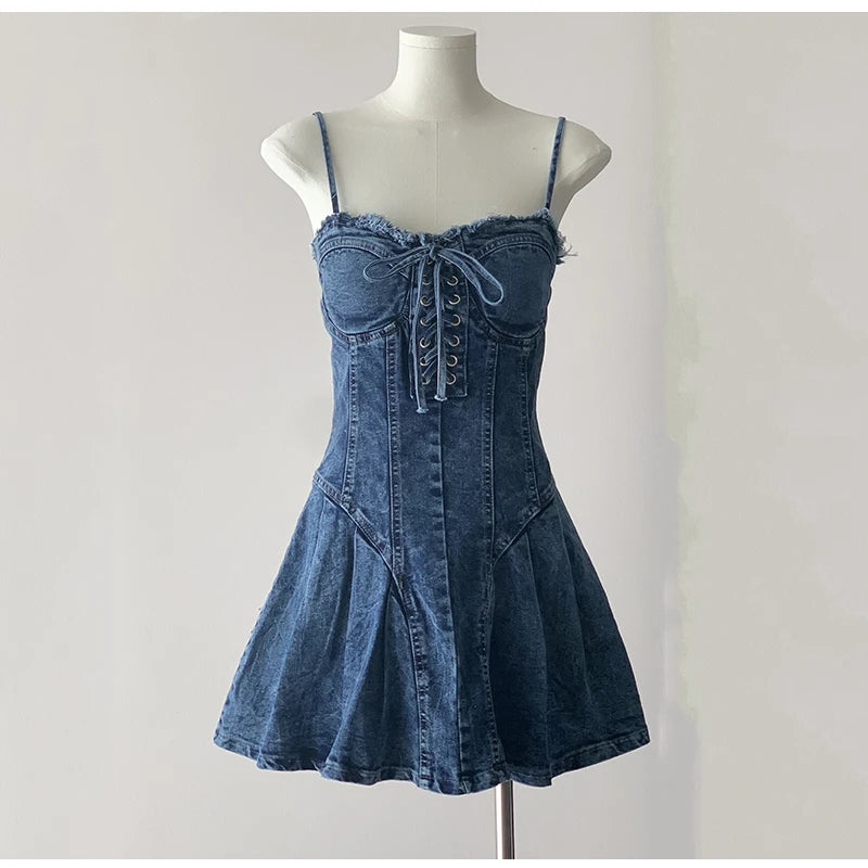 Sexy Mini Spaghetti Strap Lace-Up Jeans Dress Women 2024 New Trendy Summer Girls Dress Fashion Ripped Tassel Denim Dress Female
