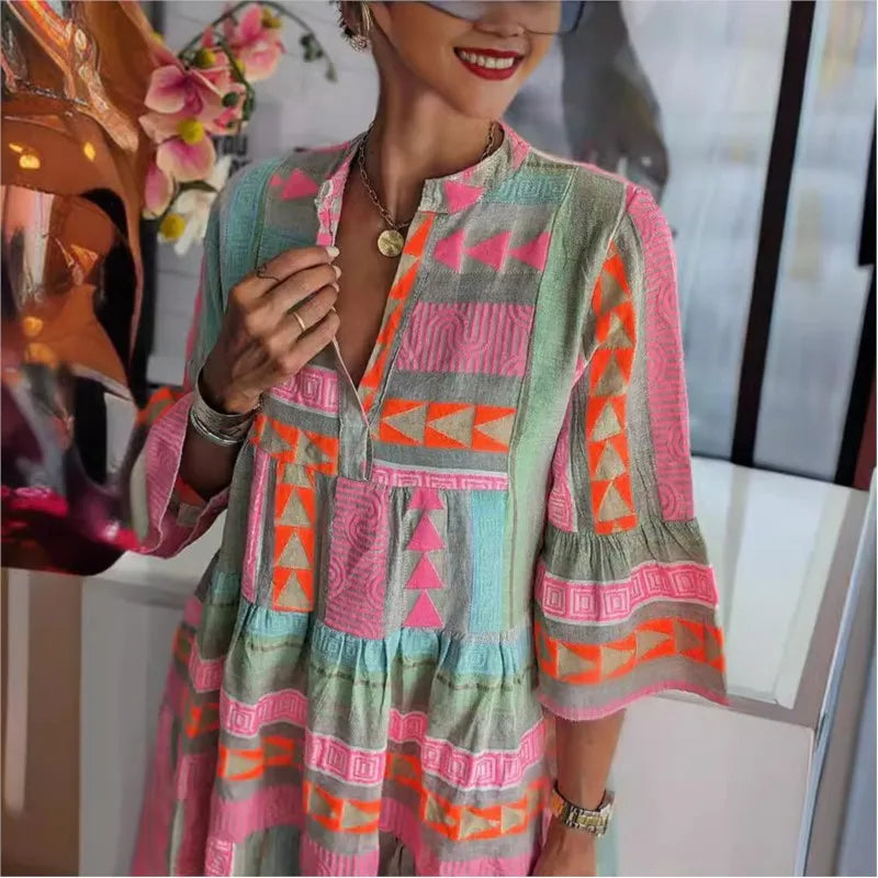 Women's Cotton and Linen Mini Dress Casual Loose Print V-neck Seven Quarter Sleeve Dresses For Women