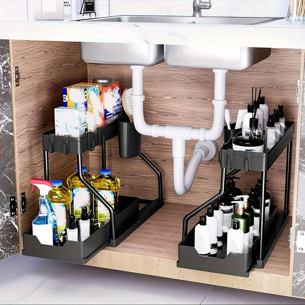Space Saving 2 Tier Under Sink Organizer,Pull Out Storage Box Durable Large Capacity Kitchen Bathroom Essential Drawer Organizer