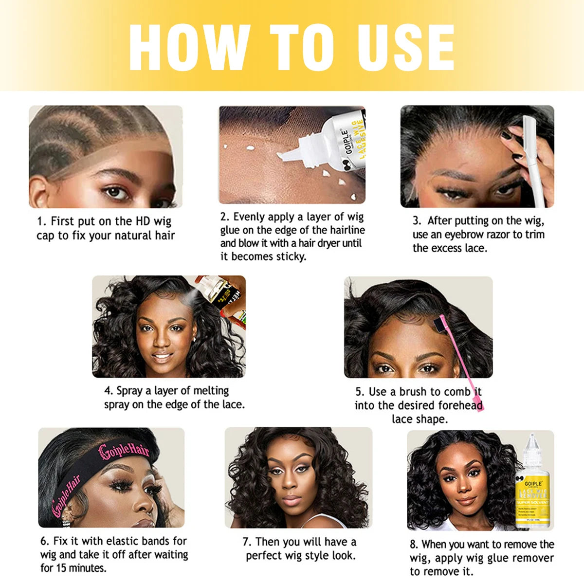 GOIPLE Waterproof Lace Glue Kit Melting Spray Holding Spray Wig Adhesive Remover HD Wig Caps for Natural Hairline Install
