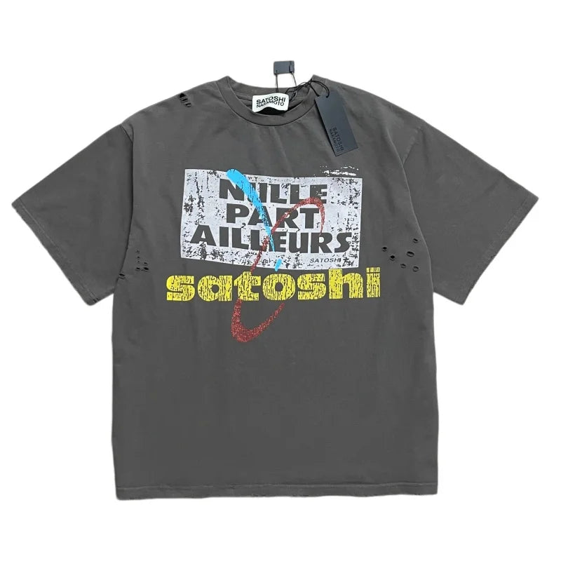 Men Satoshi Nakamoto Vintage Destroyed T-Shirt Oversized Cotton Streetwear Washed Tee