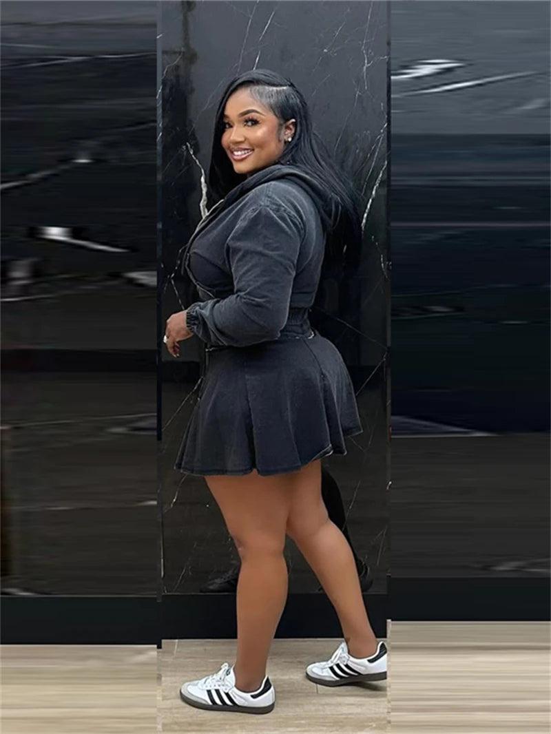 Streetwear Denim 2 Piece Sets Women Outfit Spring Clothing Women Full Sleeve Hooded Crop Top Pleated Skirt Sets Jean Dress Sets