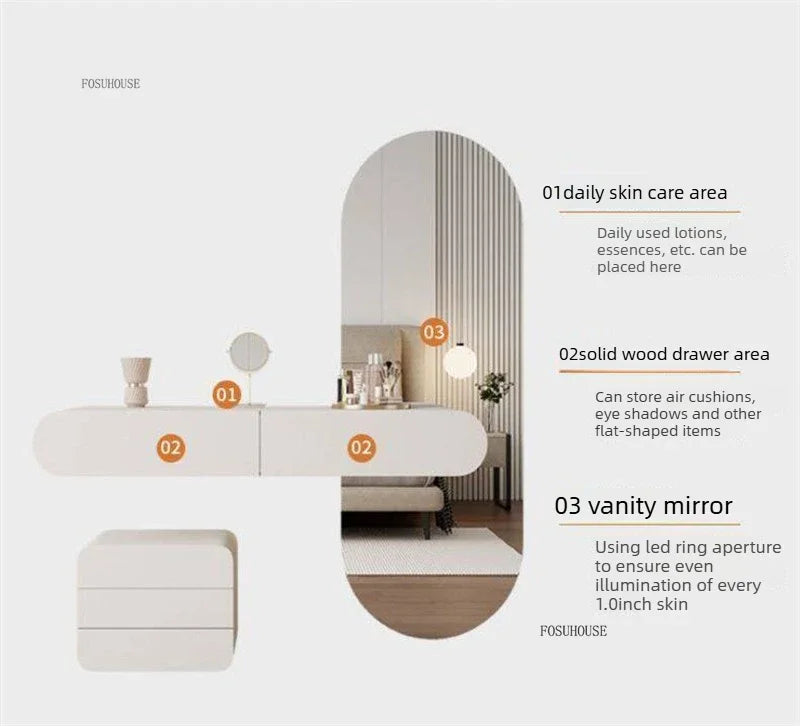 Nordic Wall-mounted Makeup Vanities European Bedroom Furniture Wooden Storage Dressing Table with Full-length Mirror Vanity Desk