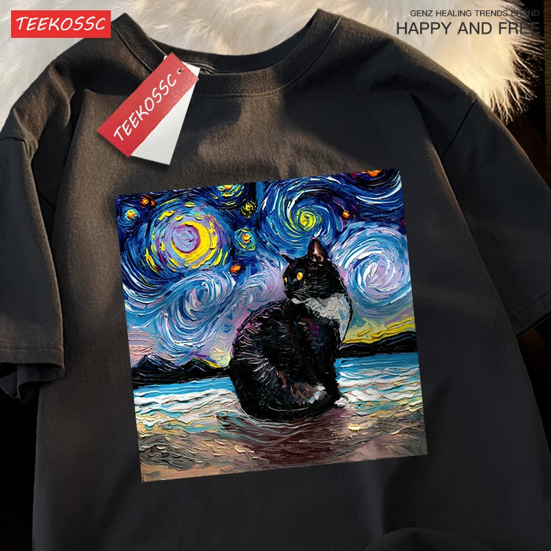 Oil Painting Starry Sky Cat Tshirts Men Women Oversized Cotton Clothing Fashion Summer T-Shirt High Quality Brand Loose Shirts