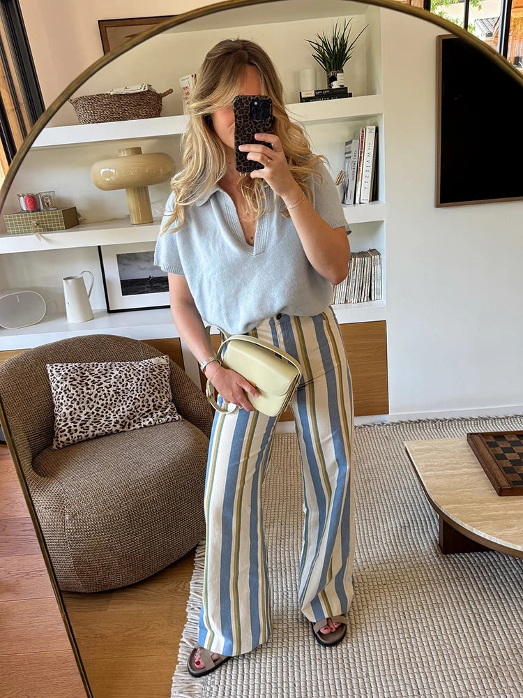 Women Striped Trousers Curved Knife Jeans  High Waist Contrasting Color Loose Versatile Casual Long Pants Women's Aladdin Pants