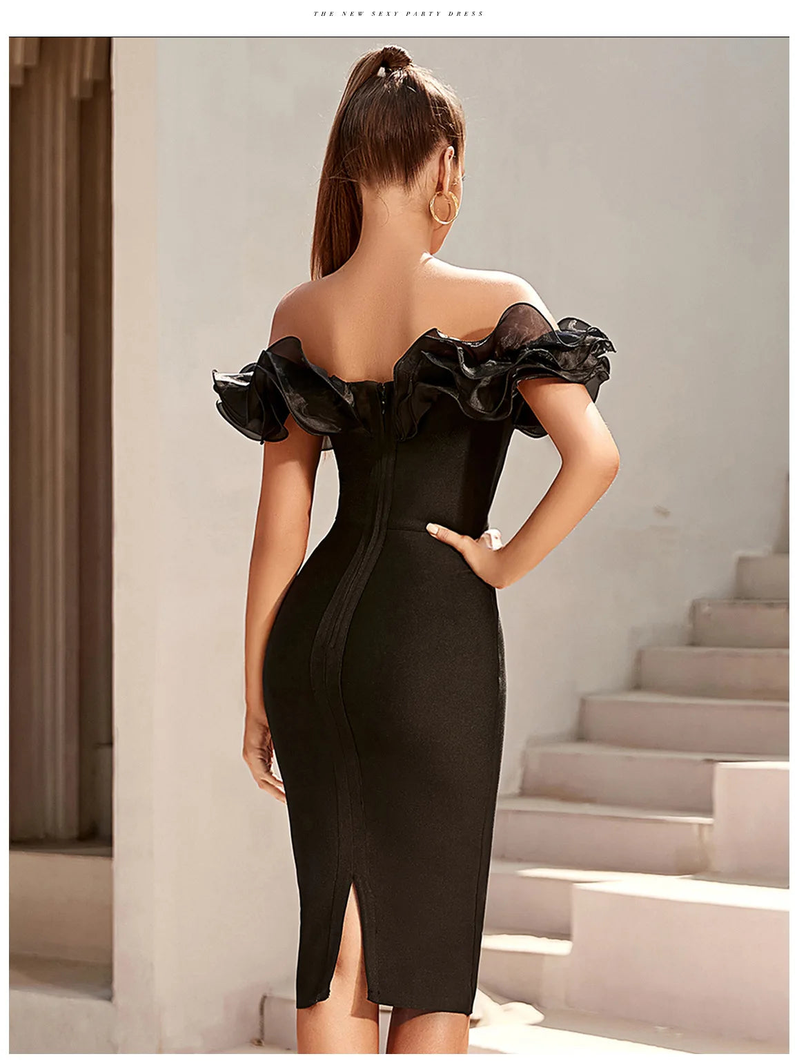 Women's Off Shoulder Bandage Midi Dress Luxury Design Ruffled  Elegant Black Sleeveless Ruffled Sexy Club Party Evening Dresses