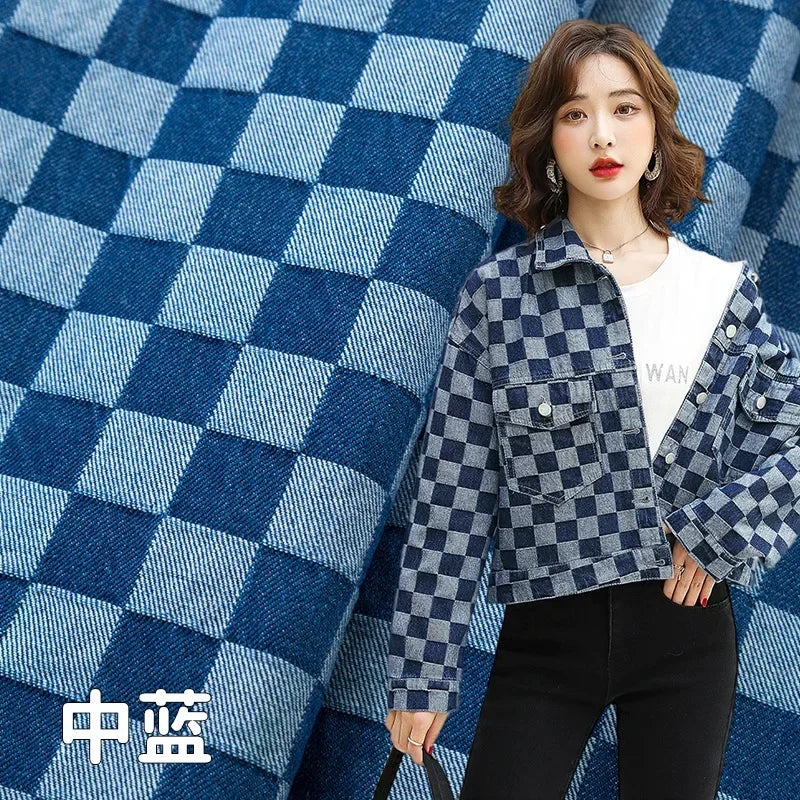 100% Cotton Jacquard Denim Fabric Plaid Jeans By The Meter for Dress Shirt Designer Clothing Sewing Washed Thickened Cloth Blue