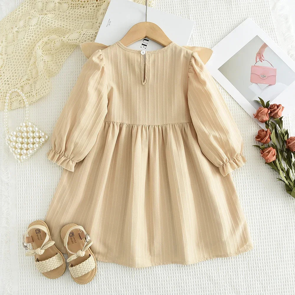 Plain Casual Girls Dress Autumn Long Sleeved Pleated Kids Dresses for Girls Pink Clothes Fashionable New Children's Clothing