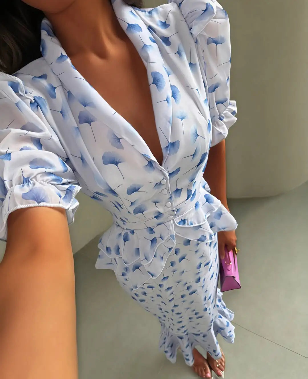 Organza Floral Printed Maxi Dress Women V Neck High Split Puff Sleeve Waist Cinching Ruffle Long Dresses Vacation Summer Outfits