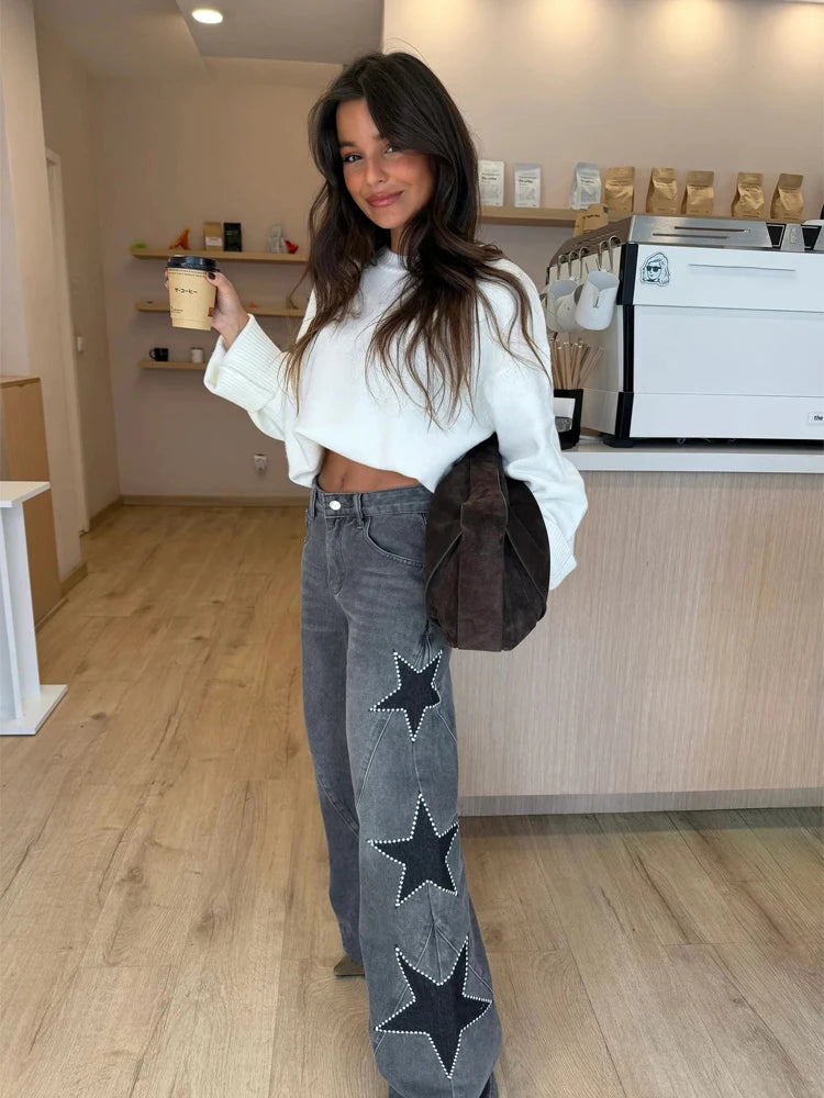Women Blue Wide Leg Jeans Lady High Waist Star Patchwork Denim Pants Loose Fit Straight Leg Trousers 2026 New Casual Street Wear