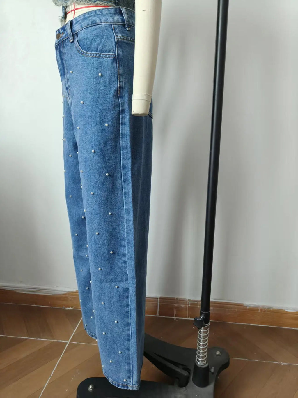 Denim Straight Pants Women Pearls Spliced Jeans High Waist Washed Basics Ankle Length Trousers Streetwear Pant Solid Autumn