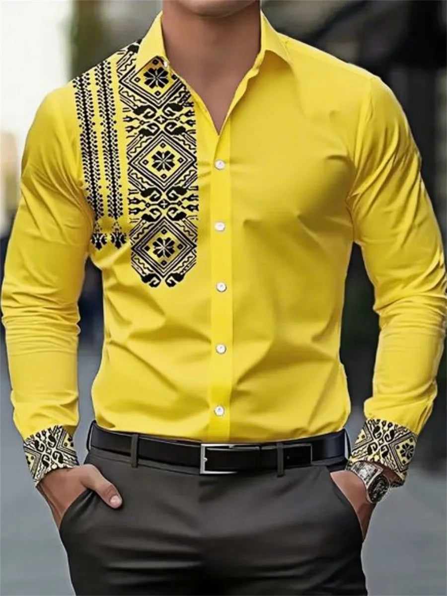 Men's shirt 3D printing retro ethnic style long-sleeved casual shirt high quality fashion lapel versatile top xs-6XL size