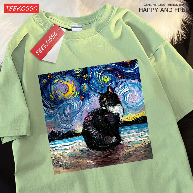 Oil Painting Starry Sky Cat Tshirts Men Women Oversized Cotton Clothing Fashion Summer T-Shirt High Quality Brand Loose Shirts