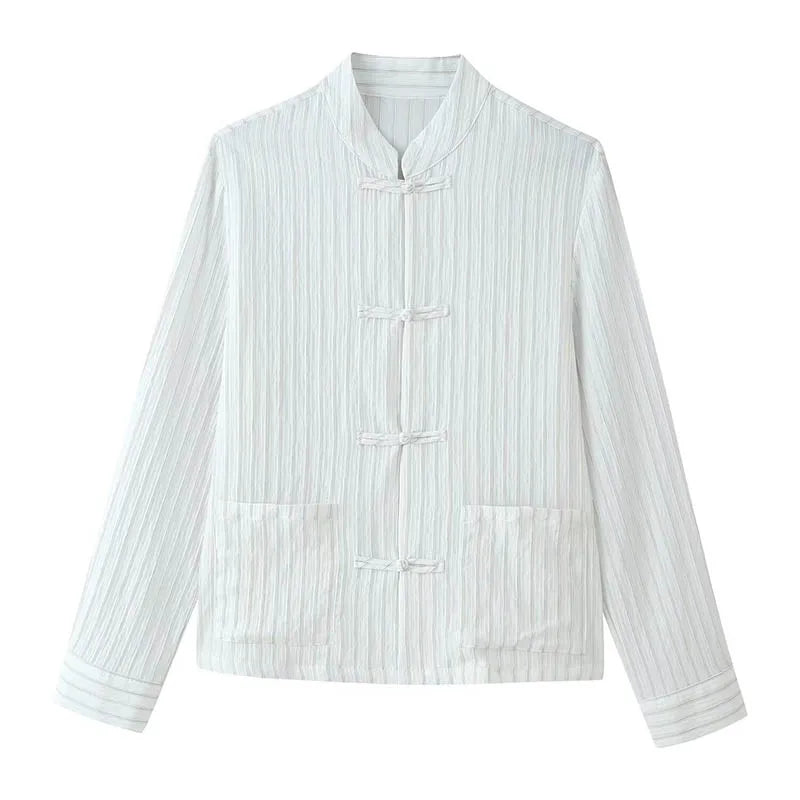 Loose Women's Frog Buttons Mandarin Shirts See Through Stand Collar Full Sleeve Blouses 2026 Summer Lady Cotton Linen Outwear