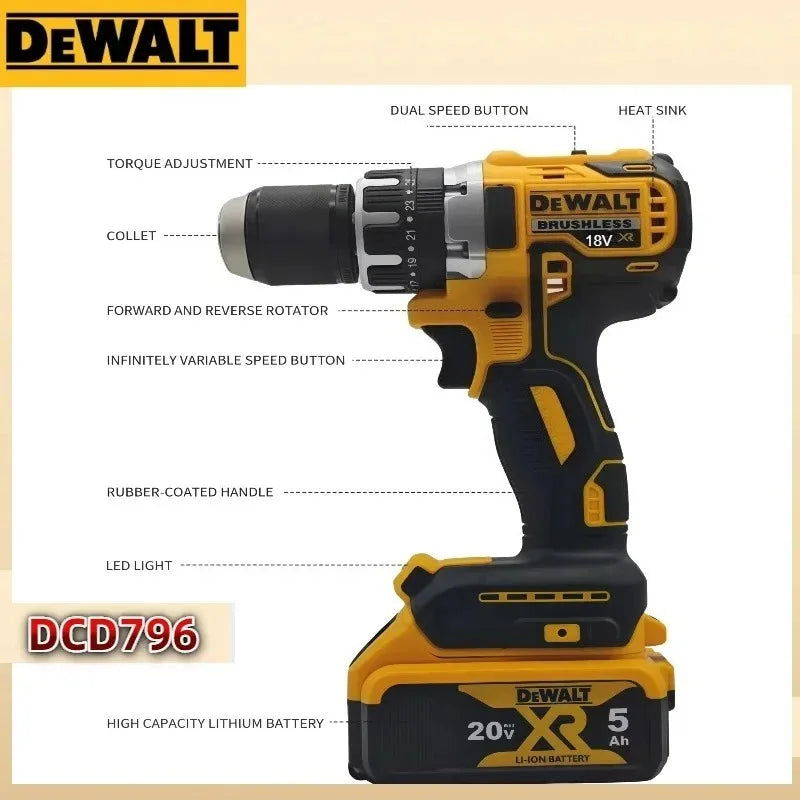 Dewalt DCD796 Cordless Impact Electric Drill Brushless Multifunctional  Screwdriver Rechargeable Power Tools For 18V Battery