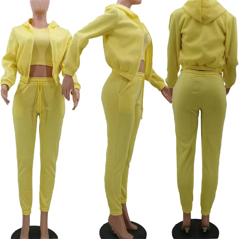 Active Wear 3 Piece Sets Womens Outfits Tracksuit Hooded Jacket Top + Vest + Sweatpants Sporty Suit Fitness Casual Matching Sets