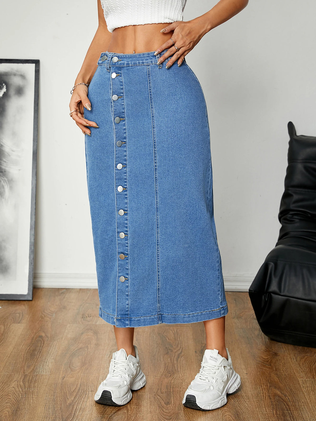 Women's Straight Cut Denim Skirt with Button Details Versatile Buckle Style Elastic Comfortable Mid-Length Casual Skirt