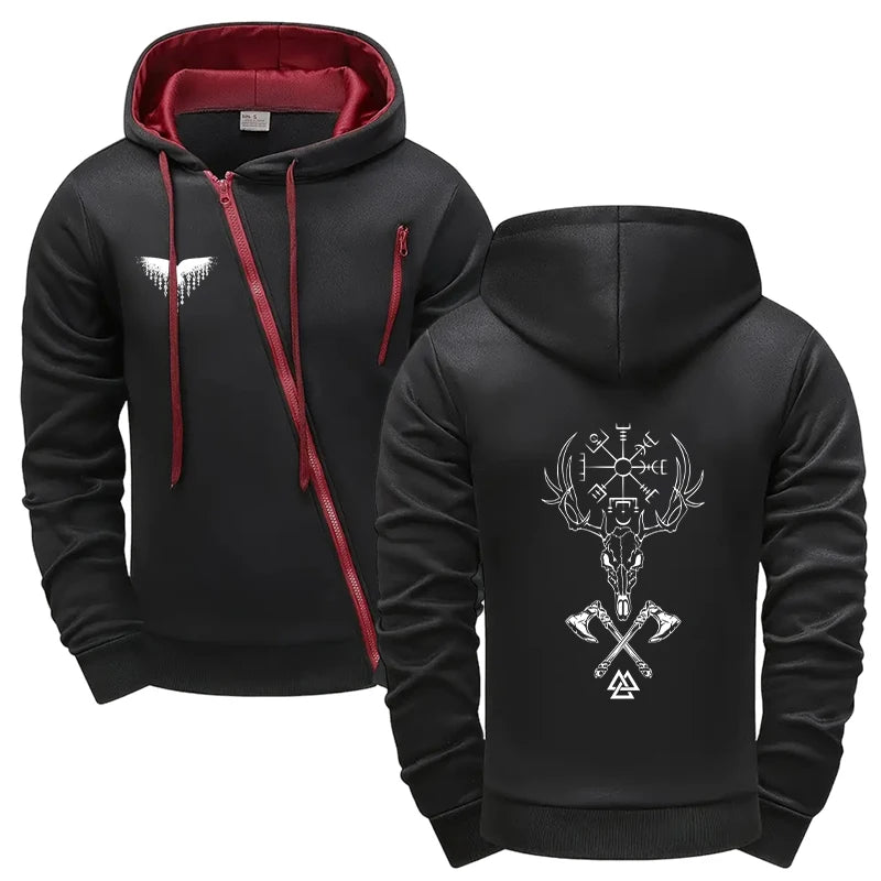 Mens Casual Riding Set 2025 Diagonal Zipper Hoodie with Joggers Urban Streetwear Tracksuit Autumn Winter