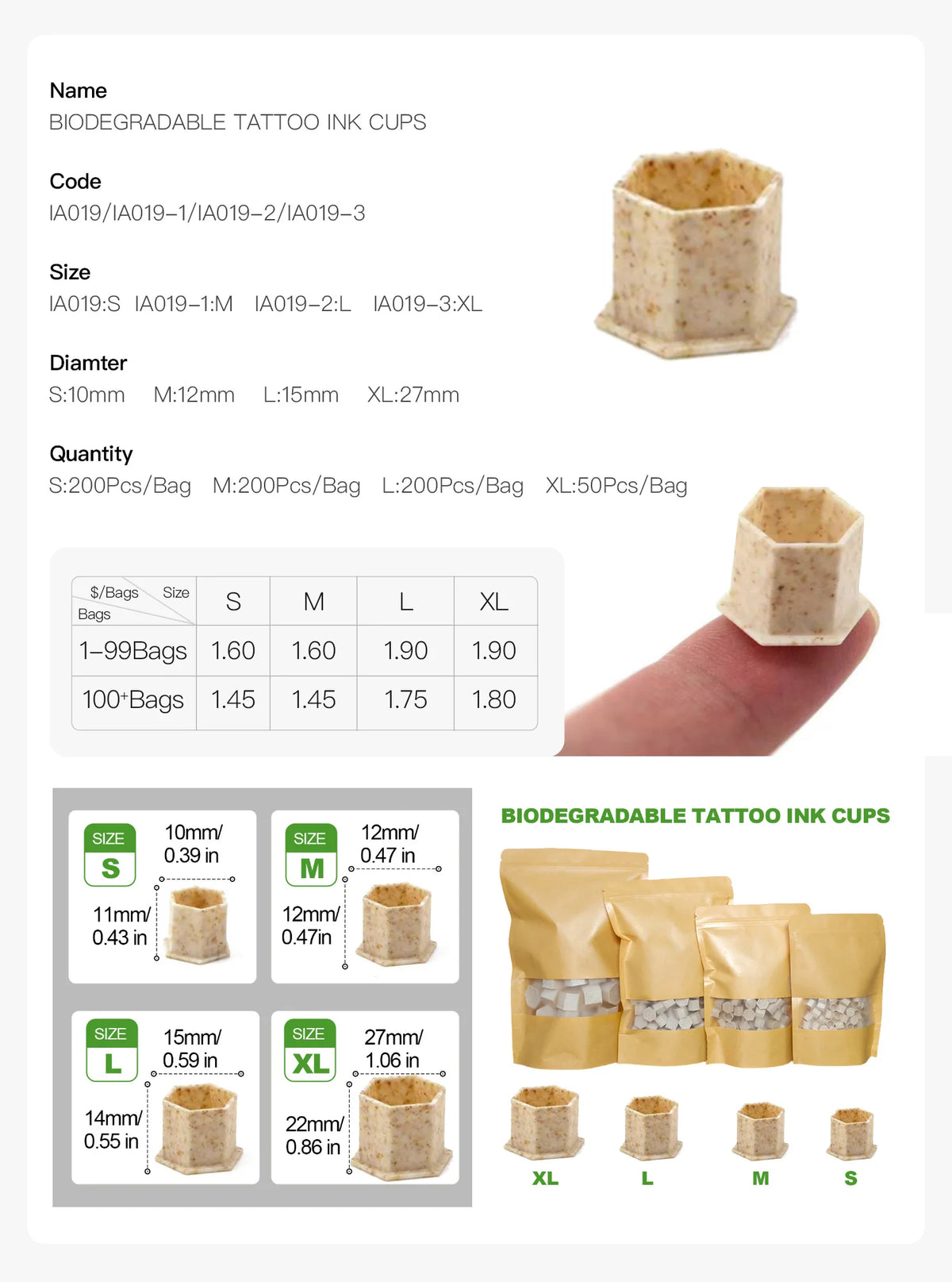 KVM Biodegradable Tattoo Ink Cups S/M/L/XL ECO-Friendly Disposable Tattoo Ink Caps 10mm-27mm Tattoo supplies For tattoo artists