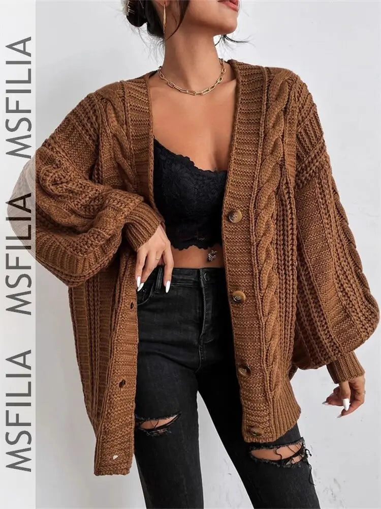 Msfilia Women's Fall/Winter Solid Color Cable Knit V-Neck Cardigan, Balloon Sleeve Loose Single Breasted Sweater Coat