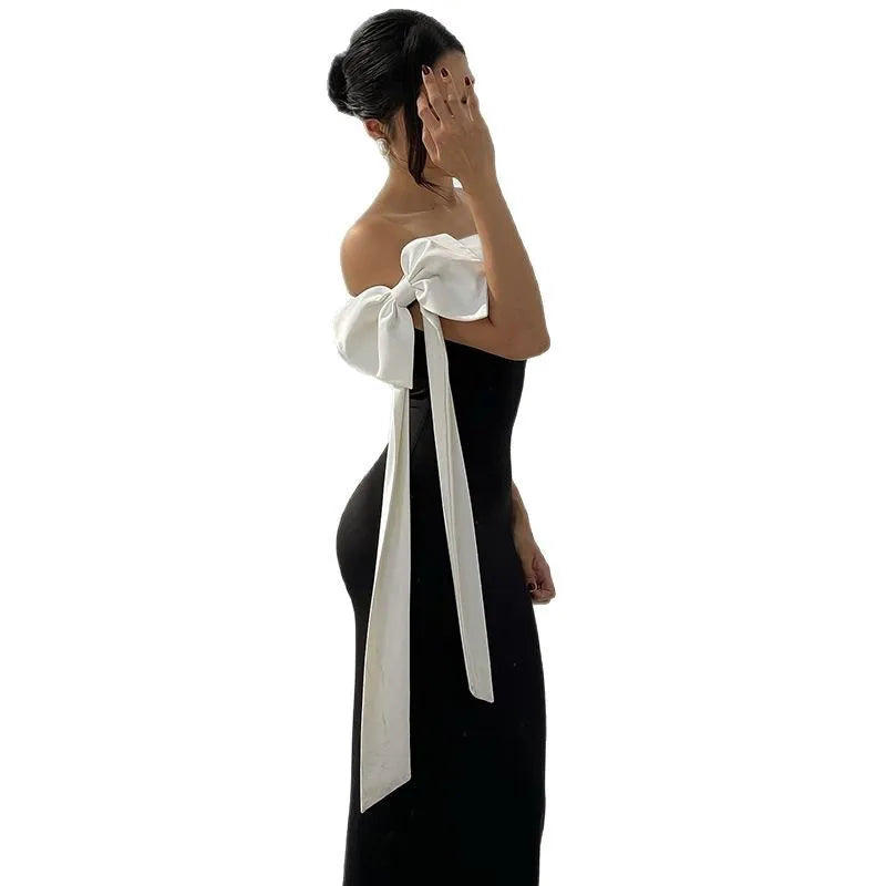 Hmsevenjz Black and White Bow Off Shoulder Long Dress for Women's Summer Sexy Slim Fit Short-sleeved Elegant Dress
