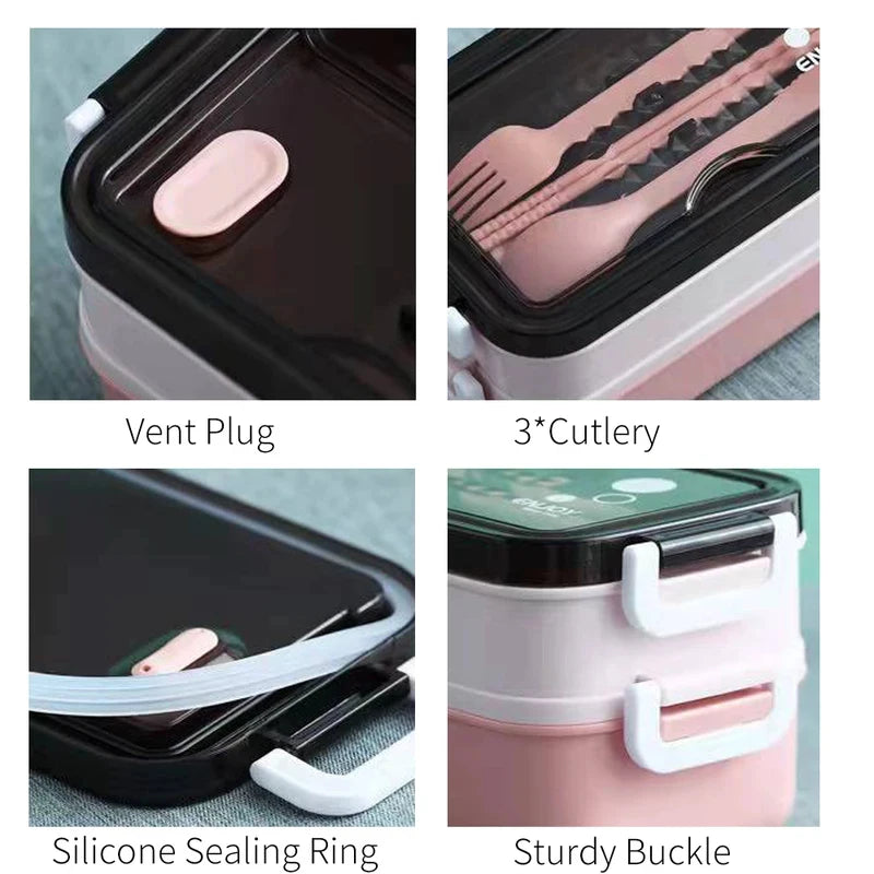 1Pc 1400ml Double-Layer Lunch Box, Portable Compartment Food Container, Microwave Safe with Fork, Chopsticks & Spoon for Picnic