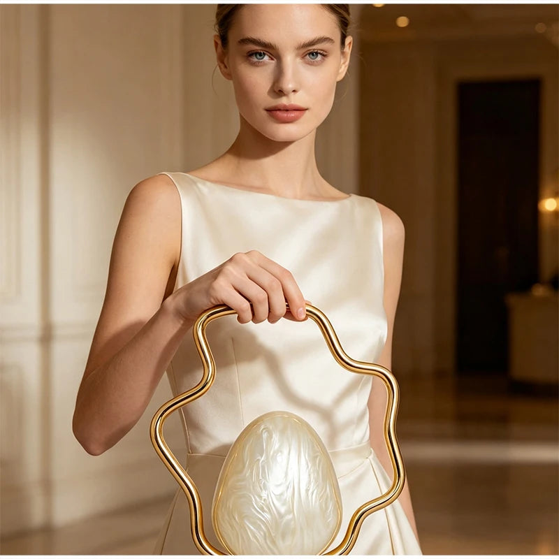 Egg Shape Acrylic Iron Box Handbag,Women Irregular Metal Frame Evening Bag,Luxury Wedding Elegant Party White Clutch Purse