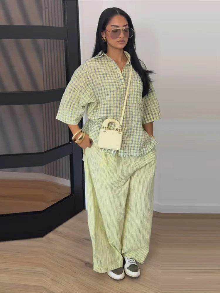 Fashion Women's Plaid Top Pants Sets Loose Lapel Single Breasted Short Sleeve Shirts Wide Leg Pant 2026 Summer Lady Holiday Suit