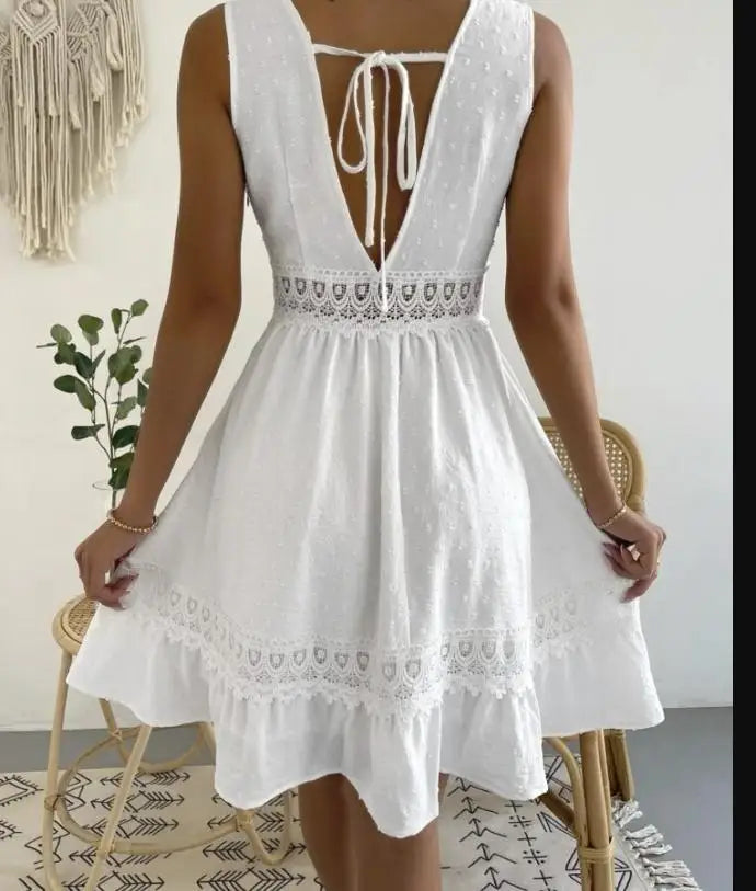 Women's White Party Dress Fashion Lace V-neck Ruffle Hook Flower Hollow Waist Mini Women Dresses Summer Sexy Prom Female Vestido