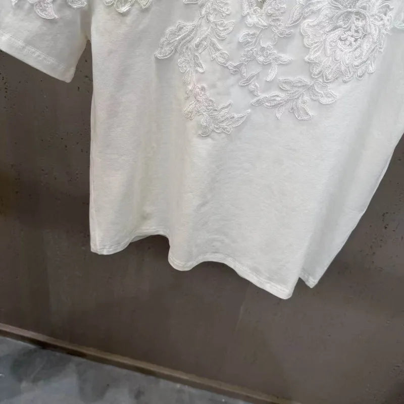 New 2026 Summer Women Casual T Shirts Short Sleeve Spliced Lace Embroidery Solid Color Ladies Fashion O Neck Pullover Tees Tops