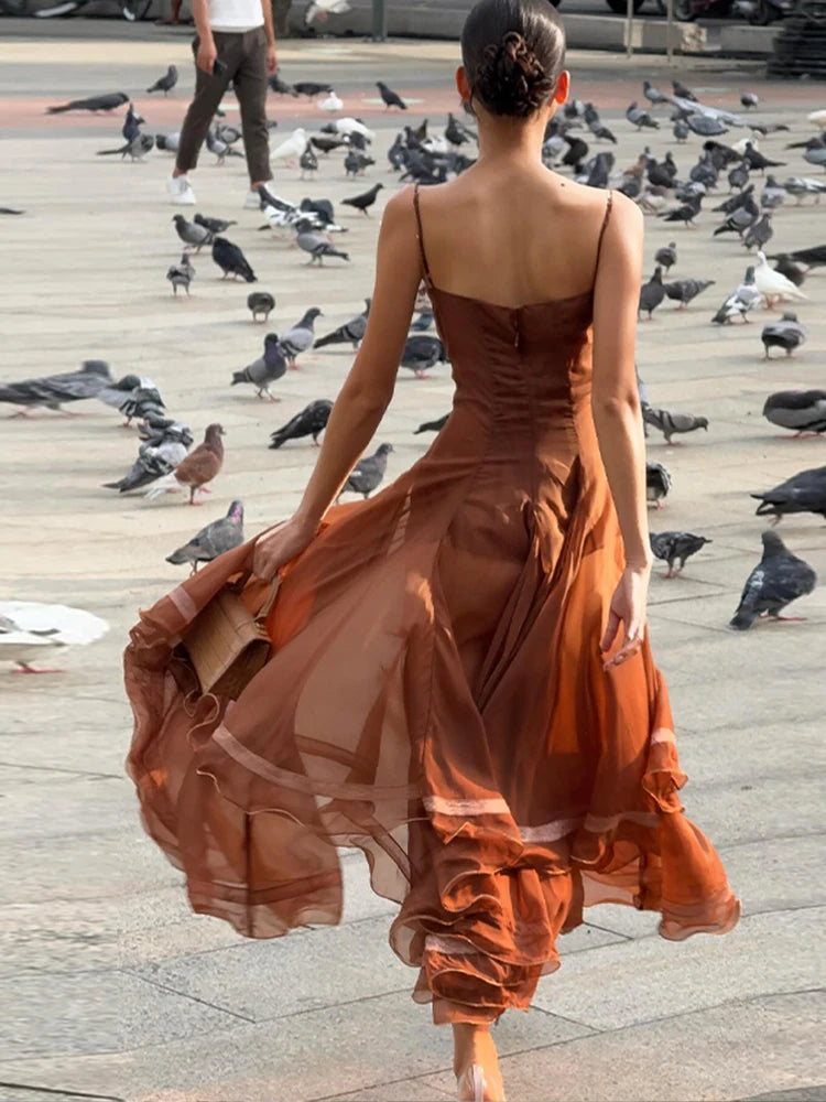 Elegant Pleated Women's Dress Sleeveless Backless Patchwork Waist-Closed Ruffle Hem Sling Maxi Dresses 2026 Summer Female Robe