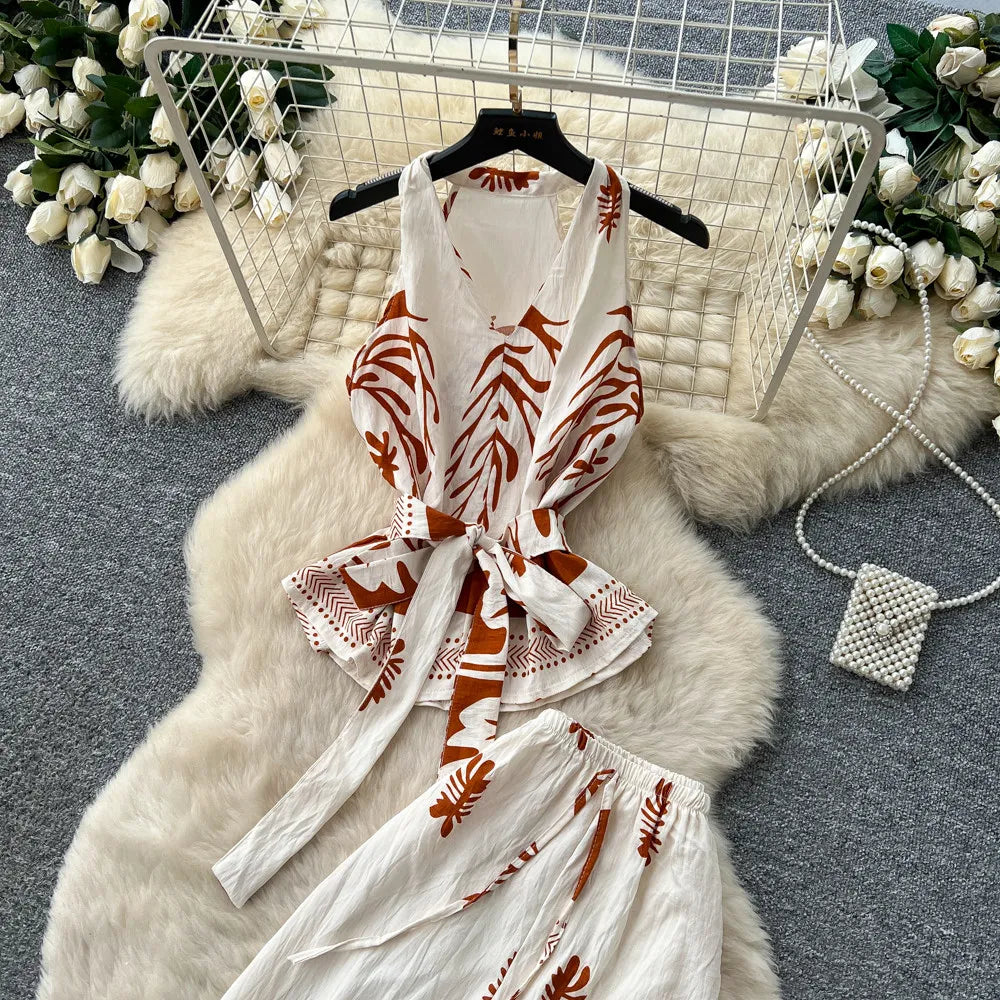 SINGREINY Boho Print Vacation Suits Summer 2026 Sleeveless Lace Up Tank Top+Loose Wide Leg Pant Chic Lazy Casual Women 2pcs Sets