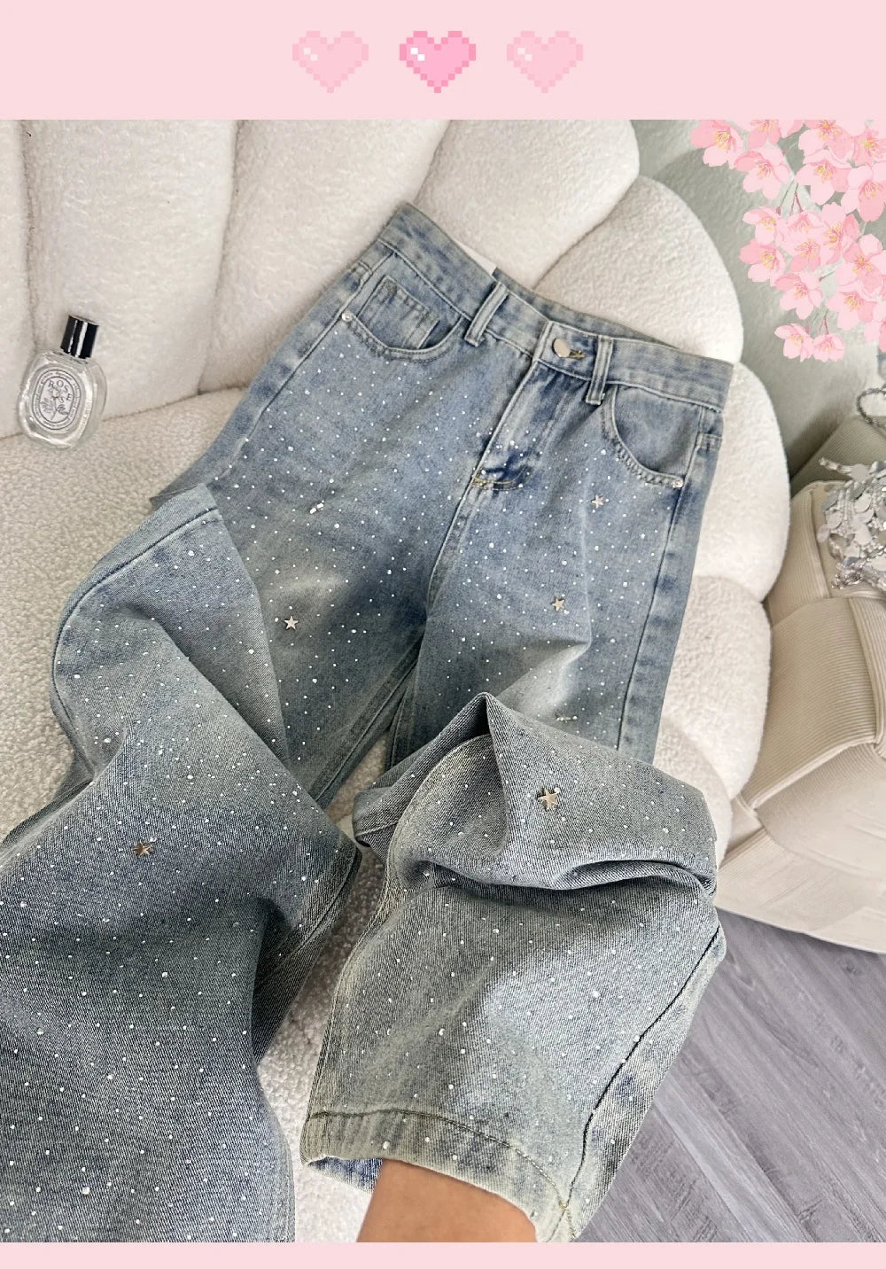 High Waist Shiny Sequin Star Design Casual Wide Leg Jeans Women's Light Blue Slimming Slim Fit Denim Pants Fashionable Versatile