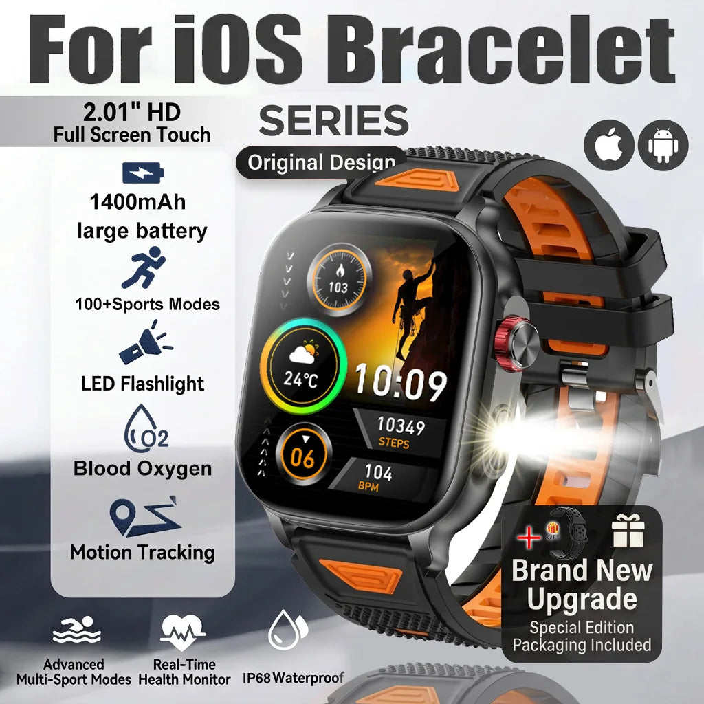 New1400mAh Military Grade Smart Watch 600 hours Battery Life 5ATM Waterproof BT Call Alert LED Flashlight 100+Sports Watches Men