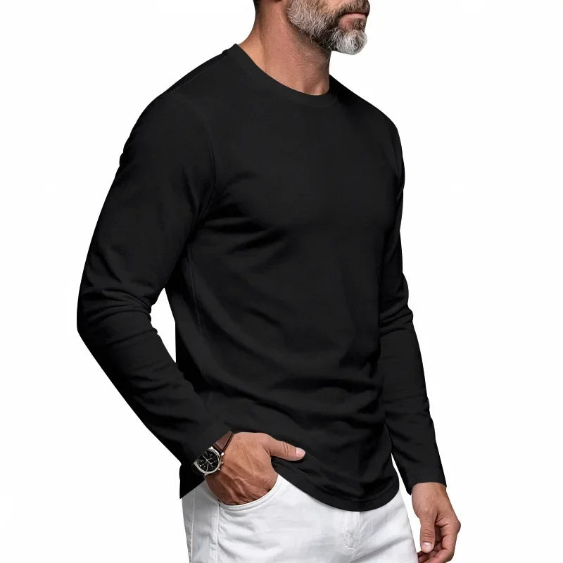 Autumn and Winter Men's Thin Casual Crew Neck Pullover Loose Versatile Breathable Commuter Long Sleeve Bottom T-Shirt