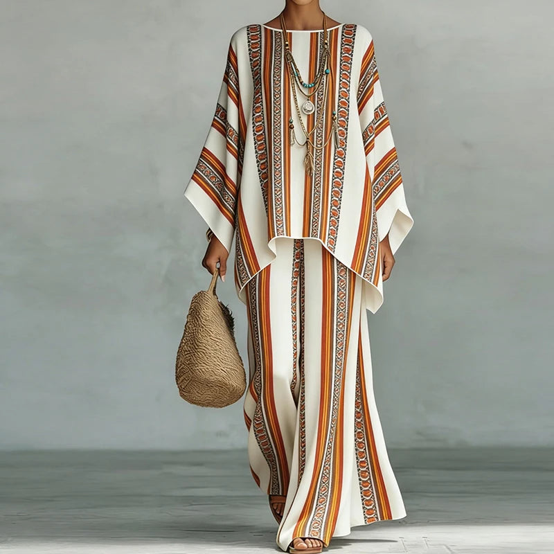 Holiday Wide Leg Pants Loose Two Pieces Sets, Women Summer Print Patchwork Simple Outfit, 2026 O Neck Pullover Top Ladies Suits