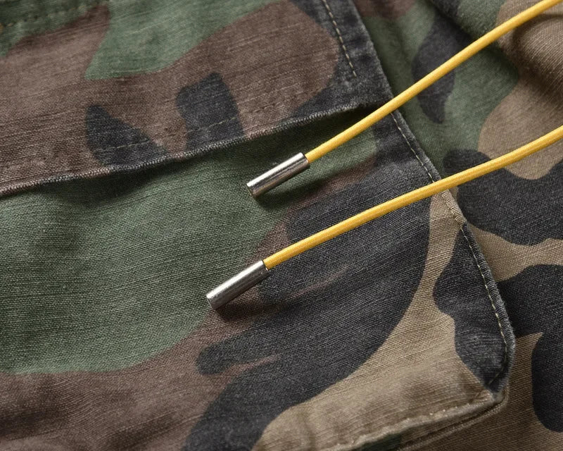 Euro-American High Street RO-Style Drawstring Distressed Camo Cargo Shorts - Multi-Pocket Tactical Utility Shorts with Pockets