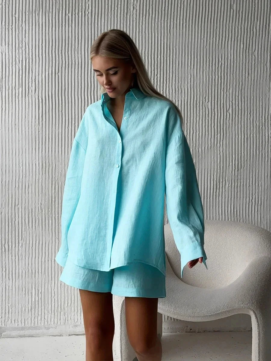 Women 2 Piece Shorts Set Casual Solid Loose Holiday Tracksuit Long Sleeve Cardigan And High Waist Female Shorts Sets 2025 Summer
