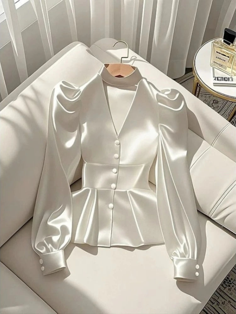 Elegant Fashion White Satin Shirts Women 2026 Early Spring New Blusas Mujer Y2k E-Girl Slim Waist Long Sleeve Blouses