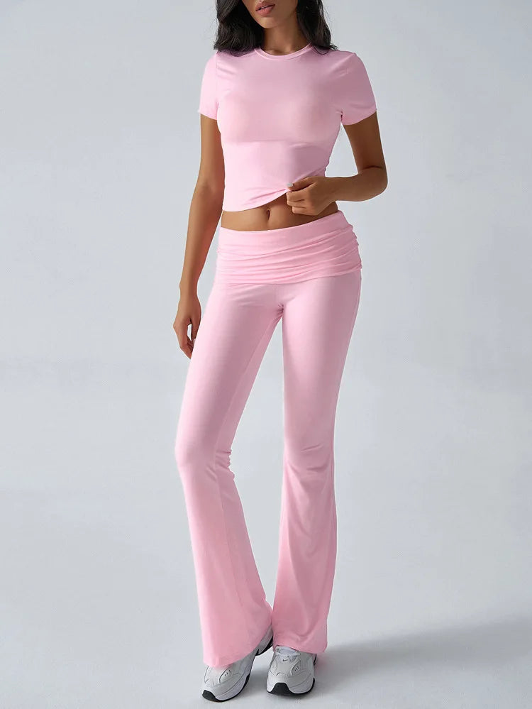 Women's Sexy Tops Suits 2026 Summer Latest Casual Solid Color Yoga Suit Slim Fit Sports Short Sleeved Pants Two-Piece Set Outfit