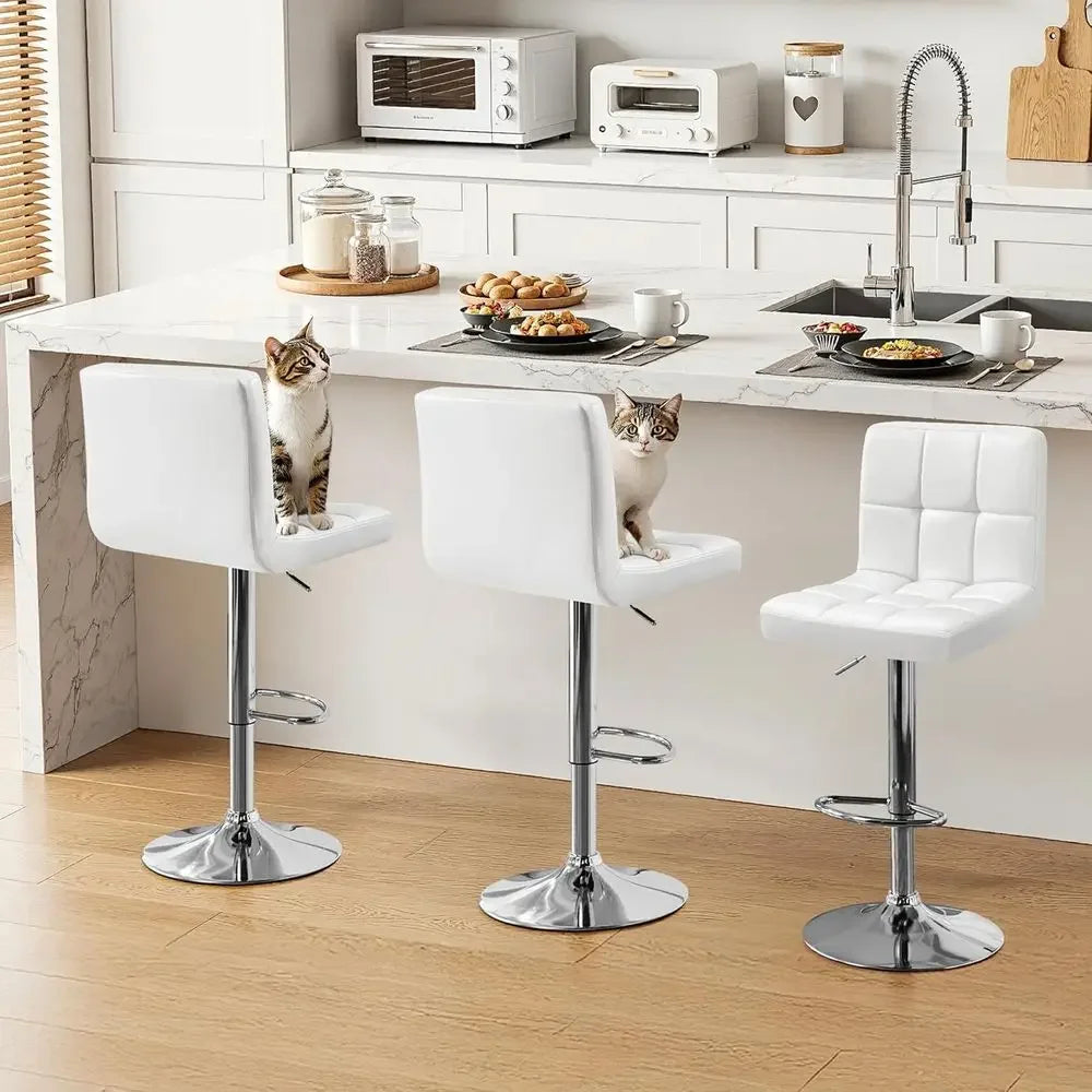 Set of 3 Adjustable Swivel Bar Stools, PU Leather, White, with Backrest and Footrest, Ideal for Kitchen, Dining, and Bar Areas