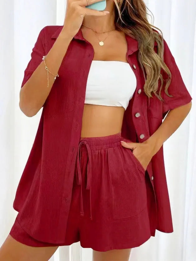Solid Color Casual Fashion Loose Short Pants Sets For Women Elegant Summer Women's Long Sleeve Single breasted Two Pieces