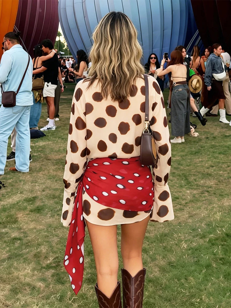 Women Two Tone Dot Print Long Sleeve Split Midi Dress Y2K Deep V Drawstring Slim Mermaid Skirt 2026 Street Club Party Outfit