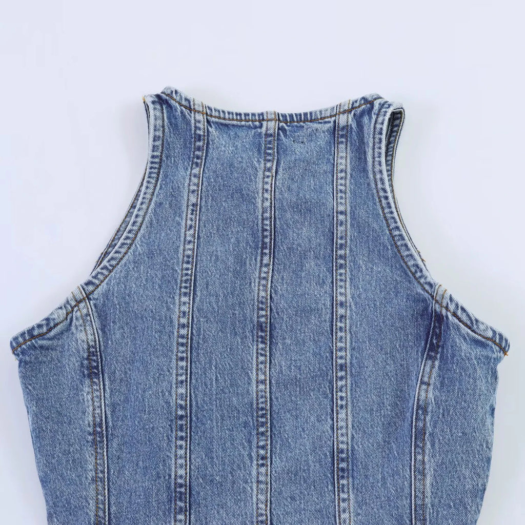 European and American style women's new 2026 fashionable temperament solid color sleeveless mini denim dress