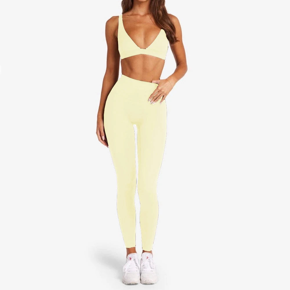 2PCS Nude Deep VNeck Sport Bra Women Yoga Sets Workout Gym Scrunch High Waist Fitness Push Up Shorts Running Avtive Suit XP187