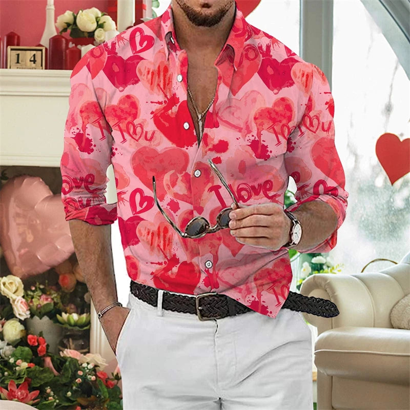 Valentine'S-Day Men Long Sleeve Shirts Couple Blouses 3D Print Love Heart Graphic Casual Lover Tops Festive Vacation Men Clothes