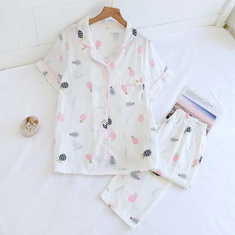 2026 Japanese new spring and summer short-sleeved trousers pajamas 2-piece set 100% cotton gauze flower cartoon home service set