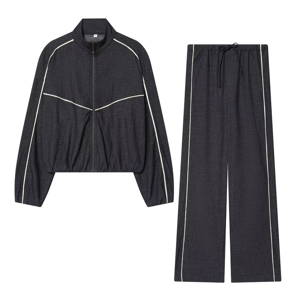 KONDALA Women High Street Denim Set Spring Fall Trendy Side Stripe Stand Collar Zipper Jacket Lace-up Pant 2026 Casual Pants Set